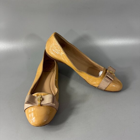 Tory Burch Tan Nude Patent Leather with Bow Flats, Size 8 M - Picture 1 of 15